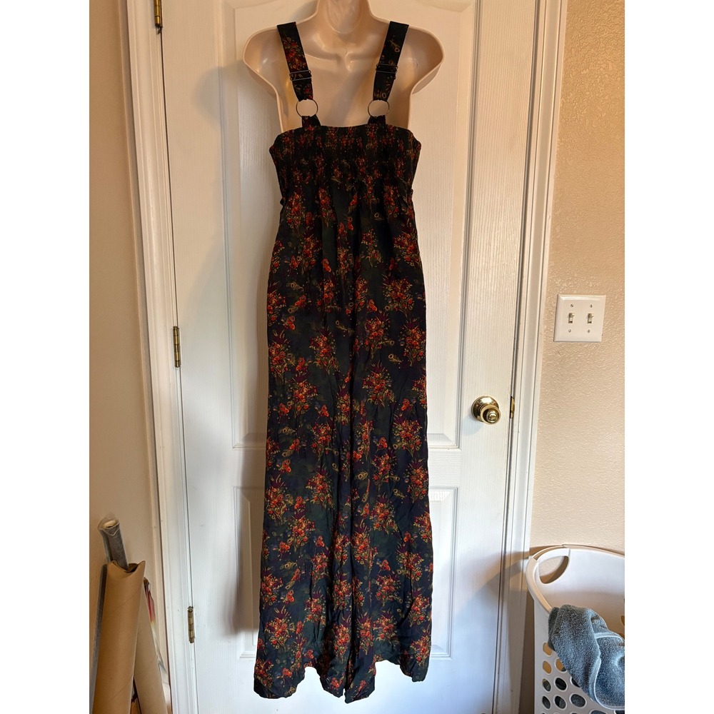 Natural Life Wide Leg Jumpsuit Womens Medium Black Floral NEW Smocked Strappy - Picture 2 of 8